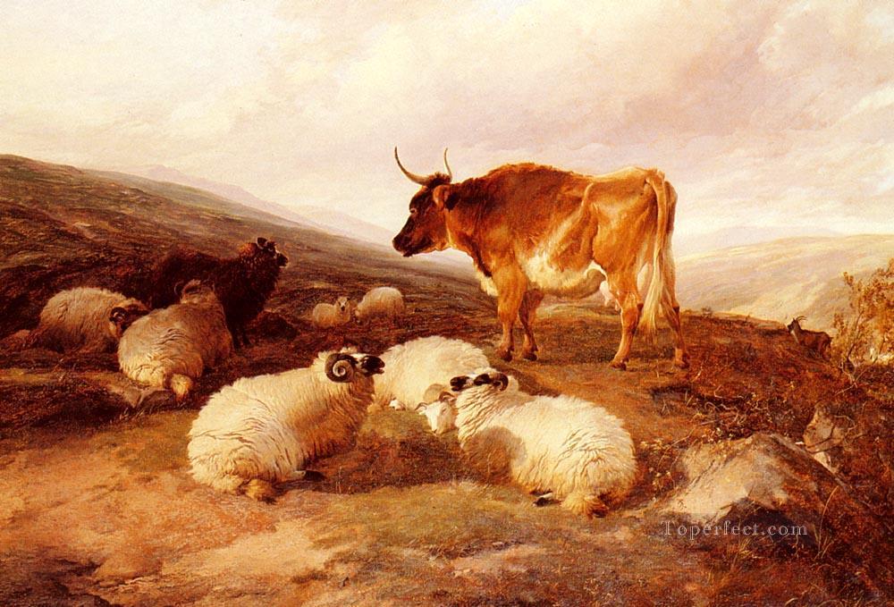高原の風景の中の雄羊と雄牛 農場の動物 牛 トーマス・シドニー・クーパー油絵
